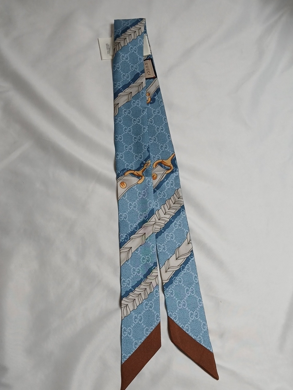 Gucci Blue Silk Twilly with Brown Tip and Equestrian Motif